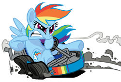 Size: 800x542 | Tagged: safe, artist:theartrix, rainbow dash, pegasus, pony, angry, car, drifting, go kart, go-kart, gritted teeth, kart, mario kart, ponykart, racer, racing, smoke, solo, underhoof, windswept mane