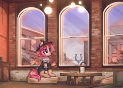 Size: 3024x2172 | Tagged: safe, artist:mirroredsea, oc, oc only, earth pony, pony, bridge, city, clothes, commission, female, flower, flower in hair, hat, indoors, manehattan, mare, shirt, sitting, solo, table