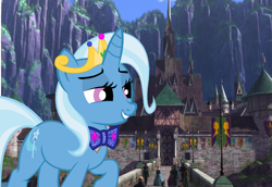 Size: 4272x2936 | Tagged: safe, artist:disneymarvel96, artist:snipernero, derpibooru import, edit, trixie, pony, anna, arendelle, bowtie, castle, crown, fjords, jewelry, mountain, regalia, vector, vector edit