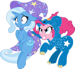 Size: 4345x4000 | Tagged: safe, artist:ambassad0r, artist:dfectivedvice, derpibooru import, pinkie pie, trixie, earth pony, pony, unicorn, ursa minor, absurd resolution, cape, clothes, costume, duo, female, hat, jumpscare, mare, ponyscape, scared, simple background, transparent background, vector, wizard hat