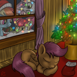 Size: 1500x1500 | Tagged: safe, artist:redesine, apple bloom, rainbow dash, scootaloo, sweetie belle, pegasus, pony, christmas, cutie mark crusaders, present, sleeping, tree