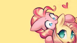 Size: 1152x648 | Tagged: safe, artist:mirroredsea, edit, fluttershy, pinkie pie, earth pony, pegasus, pony, biting, cute, diapinkes, ear bite, female, floating heart, flutterpie, heart, lesbian, looking up, mare, nom, open mouth, shipping, shyabetes, simple background, smiling, surprised, wallpaper, wallpaper edit, wide eyes, yellow background
