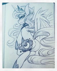 Size: 800x1000 | Tagged: safe, artist:foxinshadow, princess luna, alicorn, pony, grayscale, monochrome, plot, solo, spread wings, traditional art