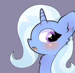 Size: 431x418 | Tagged: safe, artist:aidenjoestar, derpibooru import, trixie, pony, unicorn, blushing, bust, chest fluff, cute, diatrixes, ear fluff, open mouth, portrait, profile, purple background, simple background, solo