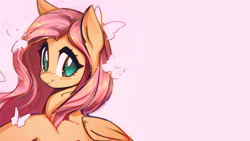 Size: 3591x2019 | Tagged: safe, artist:mirroredsea, edit, fluttershy, butterfly, pegasus, pony, cute, female, high res, looking at you, mare, pink background, shyabetes, simple background, smiling, solo, wallpaper, wallpaper edit, wings