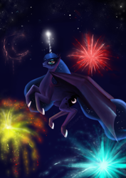 Size: 2480x3508 | Tagged: safe, artist:soirema-pl, princess luna, alicorn, pony, female, fireworks, horn, mare, solo