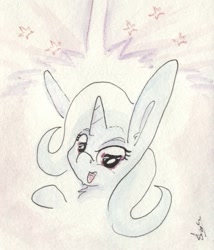 Size: 691x806 | Tagged: safe, artist:slightlyshade, derpibooru import, trixie, pony, unicorn, smiling, sparkles, traditional art