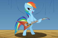 Size: 552x359 | Tagged: safe, rainbow dash, pegasus, pony, blue coat, female, flying v, guitar, mare, multicolored mane, music, solo