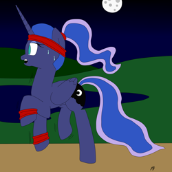 Size: 2000x2000 | Tagged: safe, artist:megaartist923, princess luna, alicorn, pony, exercise, night, solo, sweatband