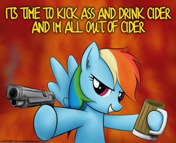 Size: 720x585 | Tagged: safe, artist:xhazard78x, rainbow dash, pegasus, pony, abstract background, bipedal, cider, crossover, cup, duke nukem, female, gun, handgun, mare, pistol, signature, solo, swearing, text, they live, vulgar, weapon