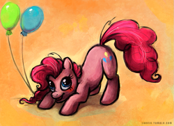 Size: 829x600 | Tagged: dead source, safe, artist:fjording, pinkie pie, earth pony, pony, balloon, female, mare, solo