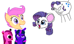 Size: 801x481 | Tagged: safe, derpibooru import, pinkie pie, rarity, scootaloo, twilight sparkle, earth pony, pony, unicorn, flockdraw, pinkamena diane pie