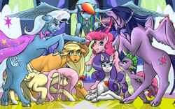 Size: 1280x800 | Tagged: safe, artist:shybaldur, derpibooru import, applejack, fluttershy, pinkie pie, rainbow dash, rarity, spike, trixie, twilight sparkle, twilight sparkle (alicorn), alicorn, dragon, earth pony, pegasus, pony, unicorn, female, fire ruby, mane seven, mane six, mare