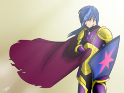 Size: 1600x1200 | Tagged: safe, artist:skecchiart, shining armor, human, armor, cape, clothes, humanized, looking at you, shield, solo