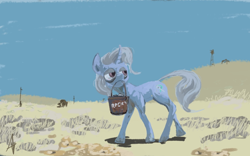 Size: 1024x640 | Tagged: safe, artist:alexandrvirus, derpibooru import, trixie, pony, unicorn, bucket, mouth hold, rock farm, solo