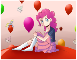 Size: 1279x1000 | Tagged: dead source, safe, artist:sallymon, derpy hooves, pinkie pie, human, pony, balloon, bracelet, clothes, cupcake, denim jacket, duo, food, humanized, jewelry, light skin, skirt, socks