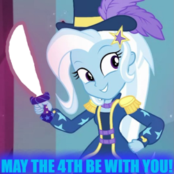 Size: 1077x1078 | Tagged: safe, derpibooru import, edit, trixie, better together, equestria girls, street magic with trixie, lightsaber, may the fourth be with you, meme, star wars, weapon