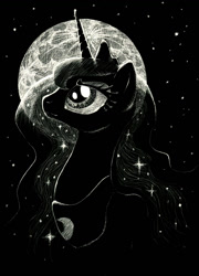 Size: 979x1359 | Tagged: safe, artist:dracontiar, princess luna, alicorn, pony, female, mare, monochrome, moon, night, solo, stars, traditional art