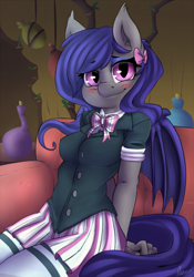 Size: 540x771 | Tagged: safe, artist:atane27, oc, oc only, oc:dusk rhine, anthro, bat pony, bowtie, clothes, cute, female, hair bow, looking at you, mare, nervous, smiling, socks, sofa, solo, thigh highs