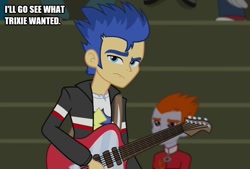 Size: 739x500 | Tagged: safe, derpibooru import, edit, edited screencap, screencap, flash sentry, heath burns, trixie, equestria girls, rainbow rocks, background human, bleachers, blue hair, caption, guitar, gym, image macro, seat, text