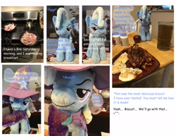 Size: 3300x2550 | Tagged: safe, artist:tbolt, derpibooru import, trixie, bacon, comic, food, irl, meat, pancakes, photo, plushie