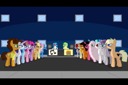 Size: 960x640 | Tagged: safe, artist:animatedjames, derpibooru import, applejack, cheese sandwich, dj pon-3, fluttershy, pinkie pie, rainbow dash, rarity, trixie, twilight sparkle, vinyl scratch, oc, oc:digibrony, oc:feather, oc:fluffle puff, oc:mic the microphone, oc:saberspark, oc:wooden toaster, alicorn, earth pony, pegasus, pony, unicorn, acracebest, beat it, brony, dance off, glaze, mic the microphone, ponysona, rina-chan, saberspark, solrac, yaplap