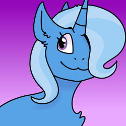 Size: 900x900 | Tagged: safe, artist:oleandxr, derpibooru import, trixie, pony, unicorn, :3, bust, chest fluff, cute, diatrixes, ear fluff, female, gradient background, hair over one eye, mare, portrait, solo