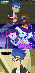 Size: 736x1500 | Tagged: safe, artist:pixelkitties, derpibooru import, edit, flash sentry, heath burns, trixie, twilight sparkle, equestria girls, equestria girls (movie), rainbow rocks, background human, female, lesbian, meme, shipping, twixie