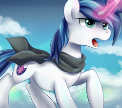 Size: 900x800 | Tagged: safe, artist:sion-ara, shining armor, pony, unicorn, clothes, magic, open mouth, scarf, solo