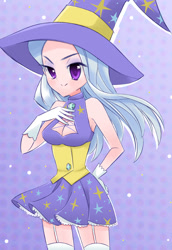 Size: 612x888 | Tagged: dead source, safe, artist:framboosi, derpibooru import, trixie, human, boob window, cleavage, clothes, dress, female, hat, humanized, solo, trixie's cape, trixie's hat