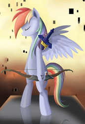 Size: 2750x4000 | Tagged: safe, artist:cryzeu, rainbow dash, pegasus, pony, bipedal, bow (weapon), eyes closed, female, mare, solo, sword, the legend of zelda, weapon