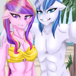 Size: 3000x3000 | Tagged: safe, artist:fur-what-loo, princess cadance, shining armor, anthro, abs, armpits, bare chest, clothes, selfie, topless