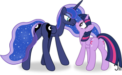 Size: 7244x4449 | Tagged: safe, artist:infinitoa, princess luna, twilight sparkle, twilight sparkle (alicorn), alicorn, pony, absurd resolution, bedroom eyes, boop, both cutie marks, eye contact, female, lesbian, missing accessory, moonbutt, nose wrinkle, noseboop, plot, shipping, smiling, twibutt, twiluna, vector