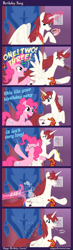 Size: 765x2622 | Tagged: safe, artist:snapai, pinkie pie, oc, oc:fausticorn, earth pony, pony, birthday, comic, lauren faust, singing