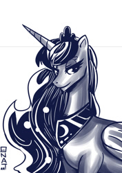 Size: 600x849 | Tagged: safe, artist:onat, princess luna, alicorn, pony, female, monochrome, simple background, sketch, solo, white background