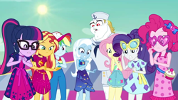 Size: 1280x720 | Tagged: safe, derpibooru import, screencap, bulk biceps, fluttershy, pinkie pie, rainbow dash, rarity, sci-twi, sunset shimmer, trixie, twilight sparkle, equestria girls, i'm on a yacht, spoiler:eqg series (season 2), baseball cap, belly button, cap, clothes, dress, female, geode of empathy, geode of fauna, geode of shielding, geode of sugar bombs, geode of super speed, geode of super strength, geode of telekinesis, glasses, hat, heart shaped glasses, heart sunglasses, magical geodes, male, png, ponytail, sailor, sailor hat, sarong, sleeveless, sun, sunglasses, swimsuit