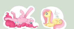 Size: 1500x600 | Tagged: safe, artist:rosewhistle, angel bunny, fluttershy, pinkie pie, earth pony, pegasus, pony, female, mare