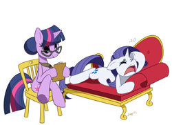 Size: 800x580 | Tagged: safe, artist:jiayi, derpibooru import, rarity, twilight sparkle, pony, unicorn, anatomically incorrect, chair, crossed legs, crying, fainting couch, frown, glasses, hair bun, incorrect leg anatomy, lounge, marshmelodrama, pixiv, psychology, quill, simple background, sofa, therapist, twilight's professional glasses