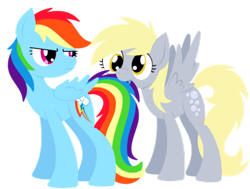 Size: 900x680 | Tagged: safe, artist:cuttycommando, derpy hooves, rainbow dash, pegasus, pony, cutie mark, female, hooves, lineless, mare, simple background, solo, spread wings, tail bite, tail pull, transparent background, wings