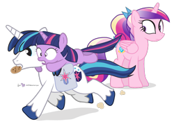 Size: 1050x750 | Tagged: safe, artist:dm29, princess cadance, shining armor, twilight sparkle, alicorn, pony, unicorn, cookie, cross-eyed, frown, gritted teeth, mouth hold, ponies riding ponies, riding, running, shrunken pupils, simple background, transparent background, trio, vector, wide eyes