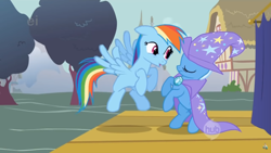 Size: 1920x1080 | Tagged: safe, derpibooru import, screencap, rainbow dash, trixie, pegasus, pony, boast busters, ei, hub logo