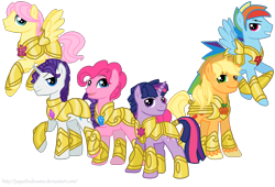 Size: 3272x2224 | Tagged: safe, artist:jaquelindreamz, derpibooru import, applejack, applejack (male), bubble berry, butterscotch, dusk shine, elusive, fluttershy, pinkie pie, rainbow blitz, rainbow dash, rarity, twilight sparkle, earth pony, pegasus, pony, unicorn, armor, armorarity, elements of harmony, fantasy class, knight, male six, mane six, rule 63, warrior