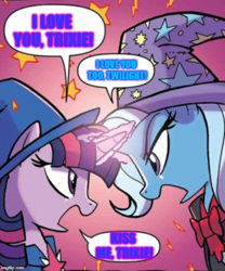 Size: 500x602 | Tagged: safe, derpibooru import, edit, idw, trixie, twilight sparkle, pony, unicorn, nightmare knights, spoiler:comic, alternate universe, duo, female, imminent kissing, lesbian, mare, meme, shipping, speech bubble, the great and powerful roxy, the great and powerful twily, twixie