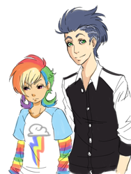 Size: 480x640 | Tagged: safe, artist:ssenarrya, rainbow dash, soarin', female, humanized, male, shipping, soarindash, straight