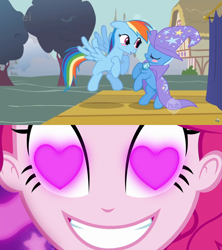 Size: 1920x2160 | Tagged: safe, derpibooru import, edit, edited screencap, screencap, pinkie pie, rainbow dash, trixie, boast busters, coinky-dink world, eqg summertime shorts, equestria girls, blush sticker, blushing, female, heart eyes, lesbian, meme, pinkie's eyes, shipping, trixdash, wingding eyes