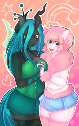 Size: 1024x1629 | Tagged: safe, artist:magicalgirlmayhem, queen chrysalis, oc, oc:fluffle puff, anthro, changeling, changeling queen, anthro oc, big breasts, blushing, breasts, canon x oc, chrysipuff, cleavage, clothes, female, holding hands, lesbian, looking at you, open mouth, pleated skirt, queen chrysaltits, shipping, skirt, socks, thigh highs, watermark, zettai ryouiki