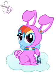 Size: 2000x2694 | Tagged: safe, artist:kristiesparcle, rainbow dash, pegasus, pony, rabbit, bunny costume, clothes, cloud, element of loyalty, female, filly, foal, high res, hooves, on a cloud, simple background, sitting on cloud, solo, spread wings, transparent background, vector, wings