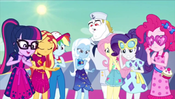 Size: 1280x720 | Tagged: safe, derpibooru import, screencap, bulk biceps, fluttershy, pinkie pie, rainbow dash, rarity, sci-twi, sunset shimmer, trixie, twilight sparkle, equestria girls, equestria girls series, i'm on a yacht, spoiler:eqg series (season 2), clothes, dress, geode of empathy, geode of fauna, geode of shielding, geode of sugar bombs, geode of super speed, geode of super strength, geode of telekinesis, hat, magical geodes, out of context, sailor, sailor hat, sarong, schadenfreude, swimsuit