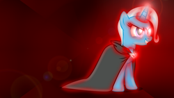 Size: 1600x900 | Tagged: safe, artist:caliazian, artist:sailortrekkie92, derpibooru import, trixie, pony, unicorn, alicorn amulet, cape, clothes, evil trixie, female, lens flare, magic, mare, red, red eyes, solo, vector, wallpaper