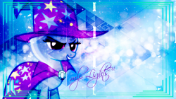 Size: 1920x1079 | Tagged: safe, artist:durpy, artist:tailnr1lolnew, derpibooru import, trixie, pony, unicorn, cape, clothes, female, hat, mare, signature, trixie's cape, trixie's hat, vector, wallpaper